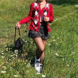 Red black gray and white argyle knit cardigan